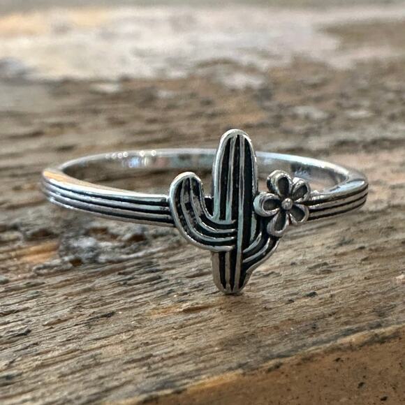 Cactus & Flower Dainty Sterling Silver Ring Sizes 4-10 Sterling Silver .925 - Picture 3 of 7